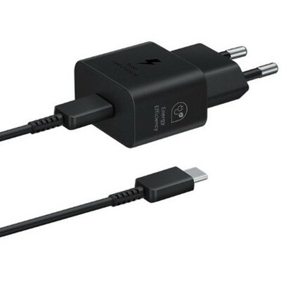 Hálózati töltő adapter, 25W, USB Type-C aljzat, USB Type-C - USB Type-C kábellel, PD, GaN, gyorstöltés, Samsung, fekete, gyári