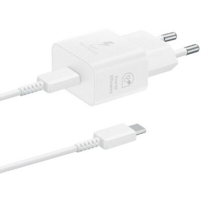 Hálózati töltő adapter, 25W, USB Type-C aljzat, USB Type-C - USB Type-C kábellel, PD, GaN, gyorstöltés, Samsung, fehér, gyári