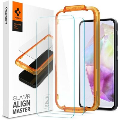 Samsung Galaxy A35 5G SM-A356B, Kijelzővédő fólia, ütésálló fólia (az íves részre is!), Tempered Glass (edzett üveg), Full Cover, Spigen Glastr Alignmaster, Clear - 2 db /csomag