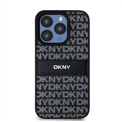 DKNY PU Leather Repeat Pattern Tonal Stripe Apple iPhone 14 Pro Max hátlap tok, fekete