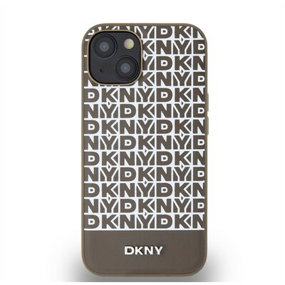 DKNY PU Leather Repeat Pattern Bottom Stripe Apple iPhone 14 Magsafe kompatibilis hátlap tok, barna