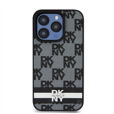 DKNY PU Leather Checkered Pattern and Stripe Apple iPhone 14 Pro Max hátlap tok, fekete