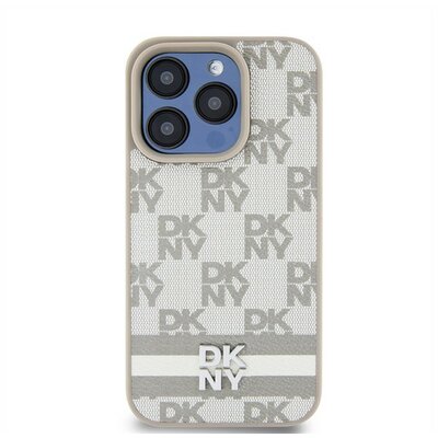 DKNY PU Leather Checkered Pattern and Stripe Apple iPhone 14 Pro Max hátlap tok, bézs