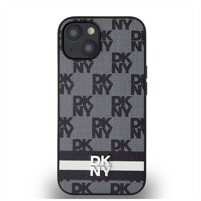 DKNY PU Leather Checkered Pattern and Stripe Apple iPhone 14 hátlap tok, fekete