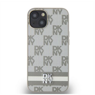 DKNY PU Leather Checkered Pattern and Stripe Apple iPhone 14 hátlap tok, bézs