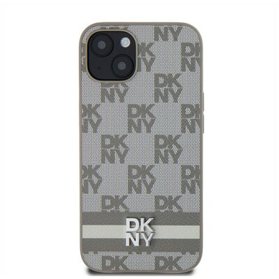 DKNY PU Leather Checkered Pattern and Stripe Apple iPhone 13 hátlap tok, bézs