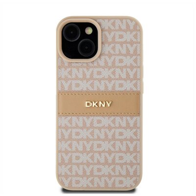 DKNY PU Leather Repeat Pattern Tonal Stripe Apple iPhone 15 hátlap tok, rózsaszín