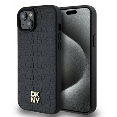 DKNY PU Leather Repeat Pattern Stack Logo Apple iPhone 15 Plus Magsafe kompatibilis hátlap tok, fekete