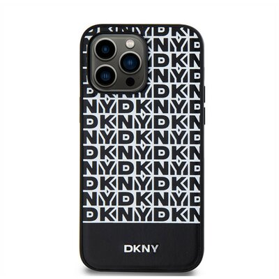 DKNY PU Leather Repeat Pattern Bottom Stripe Apple iPhone 15 Pro Max Magsafe kompatibilis hátlap tok, fekete