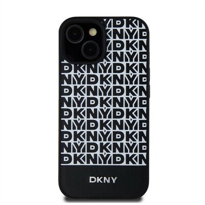 DKNY PU Leather Repeat Pattern Bottom Stripe Apple iPhone 15 Magsafe kompatibilis hátlap tok, fekete