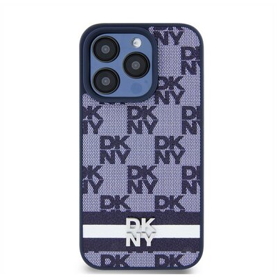 DKNY PU Leather Checkered Pattern and Stripe Apple iPhone 15 Pro Max hátlap tok, kék