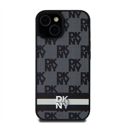 DKNY PU Leather Checkered Pattern and Stripe Apple iPhone 15 hátlap tok, fekete