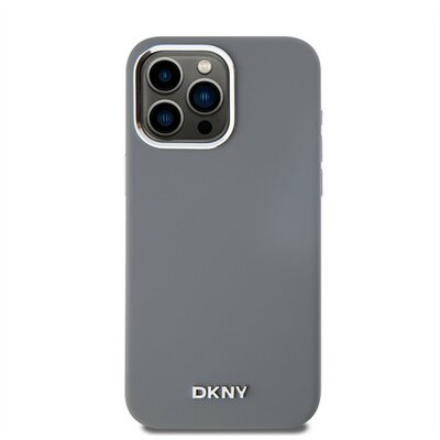 DKNY Liquid Silicone Silver Metal Logo Magsafe iPhone 15 Pro Max hátlap tok, szürke