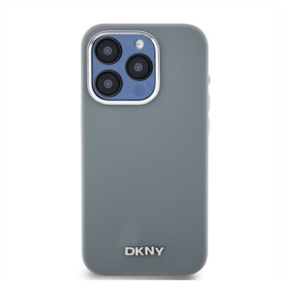 DKNY Liquid Silicone Silver Metal Logo Magsafe iPhone 15 Pro hátlap tok, szürke