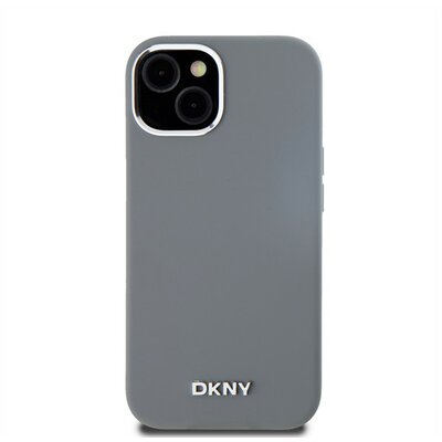 DKNY Liquid Silicone Silver Metal Logo Magsafe iPhone 15 hátlap tok, szürke