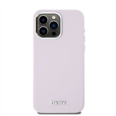 DKNY Liquid Silicone Silver Metal Logo Magsafe iPhone 15 Pro Max hátlap tok, rózsaszín