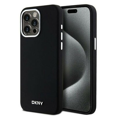 DKNY Liquid Silicone Silver Metal Logo Magsafe iPhone 15 Pro Max hátlap tok, fekete