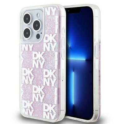 DKNY Liquid Glitter Checkered Pattern iPhone 15 Pro hátlap tok, rózsaszín