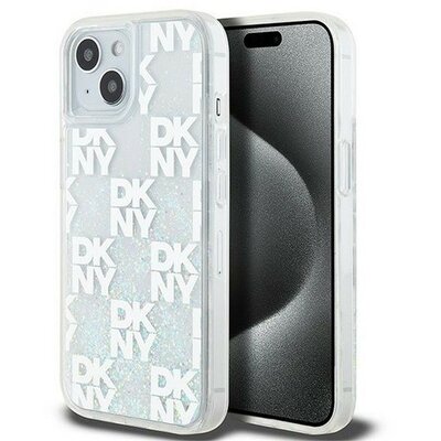 DKNY Liquid Glitter Checkered Pattern iPhone 15 hátlap tok, átlátszó