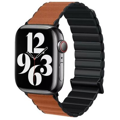 Apple Watch 1-6, SE, SE (2022) (42 / 44 mm) / Watch 7-8 (45 mm), műbőr/szilikon pótszíj, mágneses zár, kétszínű, 3D minta, Phoner, barna/fekete