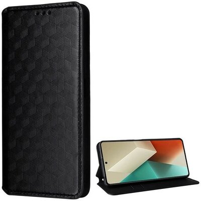 Xiaomi Redmi Note 13 Pro 5G / Poco X6 5G, Oldalra nyíló tok, bőrhatású, stand, Teljes 3D rombusz minta, prémium, fekete