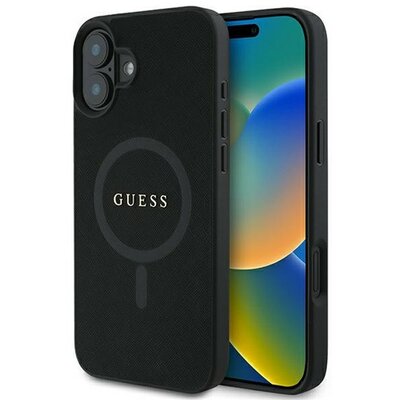 Guess Saffiano Classic Logo Apple iPhone 16 Plus hátlap tok, fekete/barna GUHMP16MPSAHMCK