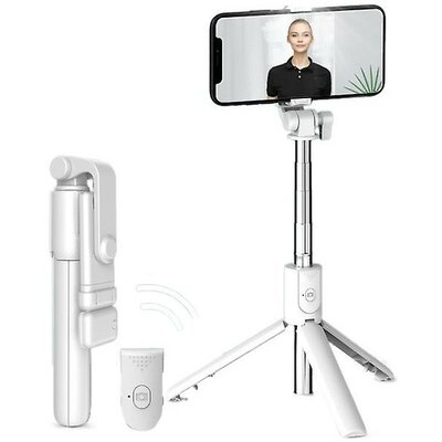 Prémium selfie bot, 19 - 70 cm, 360°-ban forgatható, exponáló gombbal, bluetooth-os, v4.0, tripod állvány funkció, világítással, R1S, fehér