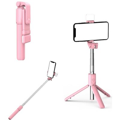 Prémium selfie bot, 19 - 70 cm, 360°-ban forgatható, exponáló gombbal, bluetooth-os, v4.0, tripod állvány funkció, világítással, R1S, rózsaszín