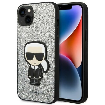 Karl Lagerfeld Glitter Flakes Ikonik Apple iPhone 14 Plus hátlap tok, ezüst