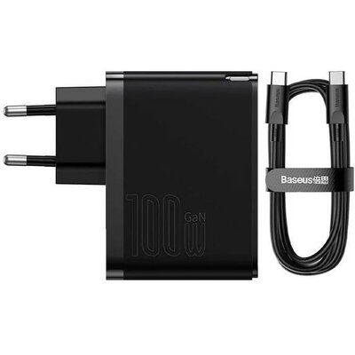 Hálózati töltő adapter, 100W, USB aljzat, USB Type-C aljzat, USB Type-C - USB Type-C kábellel, gyorstöltés, PD 3.0, QC 4.0, GaN5, Baseus GaN5 Pro, fekete