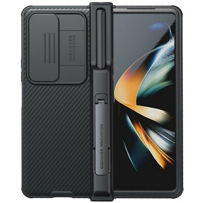 Samsung Galaxy Z Fold4 5G SM-F936B, Műanyag hátlap + szilikon keret, közepesen ütésálló, kamera védelem, Magsafe töltővel kompatibilis, csíkos minta, Nillkin CamShield Pro Magnetic, fekete