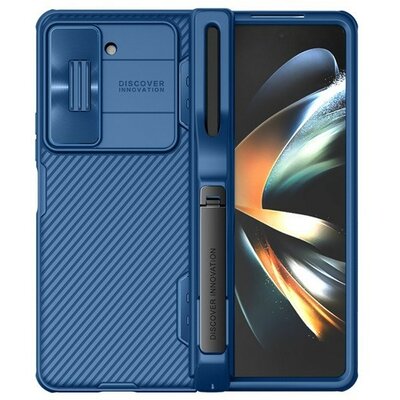 Samsung Galaxy Z Fold5 SM-F946B, Műanyag hátlap + szilikon keret, közepesen ütésálló, kamera védelem, csíkos minta, Nillkin CamShield Pro, sötétkék