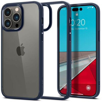 Apple iPhone 14 Pro, Műanyag hátlap védőtok + szilikon keret, Spigen Ultra Hybrid, átlátszó/sötétkék