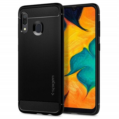 Samsung Galaxy A20 / A30 SM-A205F / A305F, Szilikon tok, Spigen Rugged Armor, karbon minta, fekete