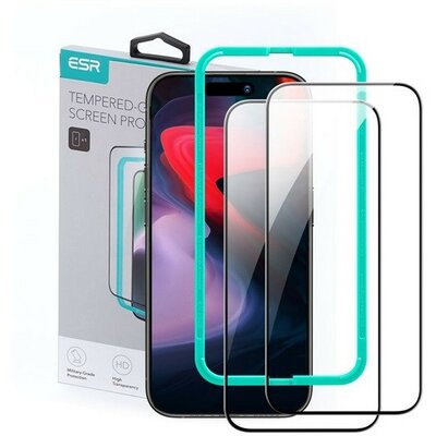 Apple iPhone 15 Pro, Kijelzővédő fólia, ütésálló fólia (az íves részre is!), Tempered Glass (edzett üveg), segéd kerettel, ESR, fekete, 2 db / csomag