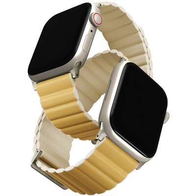 Apple Watch 1-6, SE (38 / 40 mm) / Watch 7 (41 mm), szilikon pótszíj, mágneses zár, kétszínű, két oldalas, megfordítható, Uniq Revix, sárga/tört-fehér