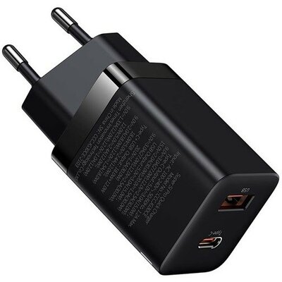 Hálózati töltő adapter, 30W, USB aljzat, USB Type-C aljzat, gyorstöltés, PD 3.0, QC 3.0, Baseus Super SI Pro, fekete