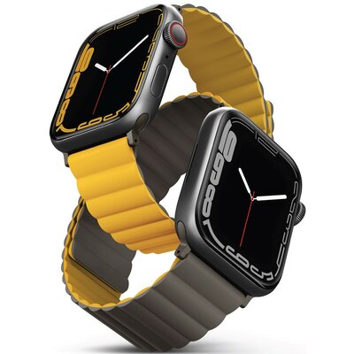 Apple Watch 1-6, SE (42 / 44 mm) / Watch 7-8 (45 mm) / Watch Ultra (49 mm), szilikon pótszíj, mágneses zár, kétszínű, két oldalas, megfordítható, Uniq Revix, sárga/barnászöld