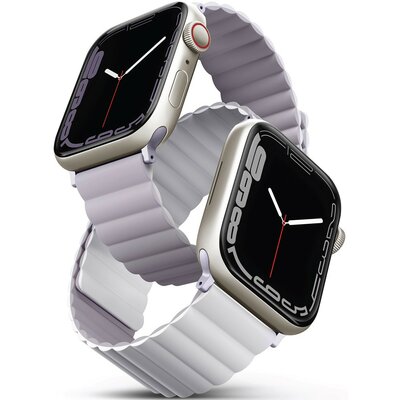 Apple Watch 1-6, SE (42 / 44 mm) / Watch 7-8 (45 mm) / Watch Ultra (49 mm), szilikon pótszíj, mágneses zár, kétszínű, két oldalas, megfordítható, Uniq Revix, lila/fehér