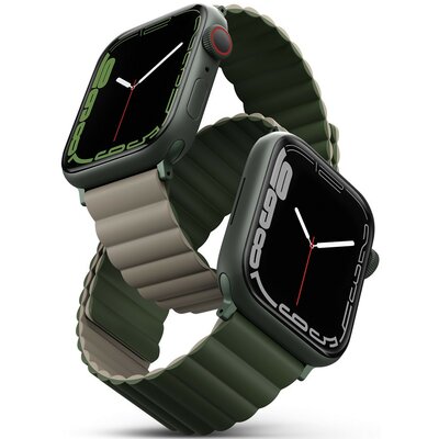 Apple Watch 1-6, SE (42 / 44 mm) / Watch 7-8 (45 mm) / Watch Ultra (49 mm), szilikon pótszíj, mágneses zár, kétszínű, két oldalas, megfordítható, Uniq Revix, sötétzöld/barna