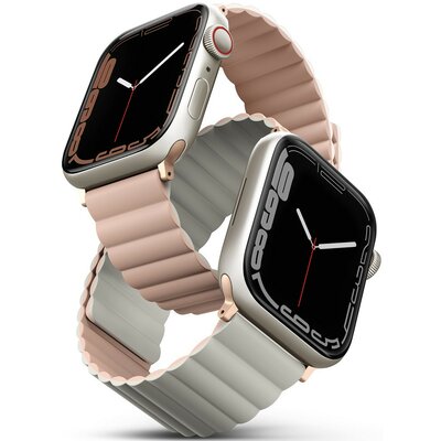 Apple Watch 1-6, SE (42 / 44 mm) / Watch 7-8 (45 mm) / Watch Ultra (49 mm), szilikon pótszíj, mágneses zár, kétszínű, két oldalas, megfordítható, Uniq Revix, rózsaszín/szürke