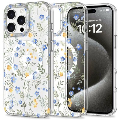 Apple iPhone 16 Pro Max, Műanyag hátlap védőtok + szilikon keret, Magsafe töltővel kompatibilis, tavaszi virág minta, Magmood Magsafe Spring Flowers, mintás/átlátszó