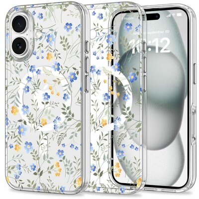 Apple iPhone 16, Műanyag hátlap védőtok + szilikon keret, Magsafe töltővel kompatibilis, tavaszi virág minta, Magmood Magsafe Spring Flowers, mintás/átlátszó