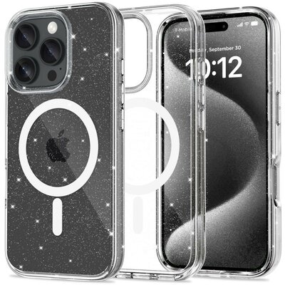 Apple iPhone 16 Pro, Műanyag hátlap védőtok + szilikon keret, Magsafe töltővel kompatibilis, csillogó hátlap, FlexAir Hybrid Magsafe Glitter, átlátszó