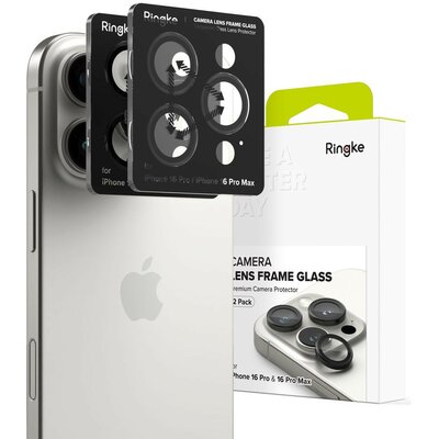 Apple iPhone 16 Pro / 16 Pro Max, Kamera lencsevédő fólia, ütésálló fólia, Tempered Glass (edzett üveg), alumínium keret, Ringke Camera Frame Protector, fekete