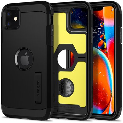 Apple iPhone 11, Szilikon tok + műanyag hátlap, kitámasztóval, Spigen Tough Armor, fekete