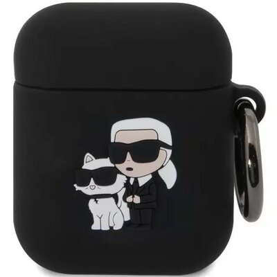 Bluetooth fülhallgató töltőtok tartó, szilikon, karabiner, napszemüveges lány és cica minta, Apple AirPods, AirPods 2 kompatibilis, Karl Lagerfeld 3D Logo NFT Choupette, fekete