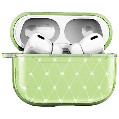 Bluetooth fülhallgató töltőtok tartó, szilikon, ultravékony, Apple AirPods Pro kompatibilis, strasszkővel, zöld