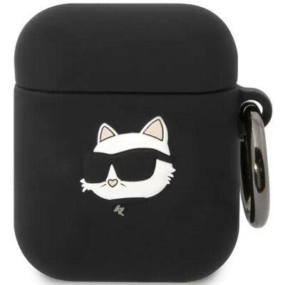 Bluetooth fülhallgató töltőtok tartó, szilikon, karabiner, napszemüveges cica minta, Apple AirPods, AirPods 2 kompatibilis, Karl Lagerfeld 3D Logo NFT Choupette Head, fekete