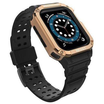 Apple Watch 1-6, SE, SE (2022) (42 / 44 mm) / Watch 7-9 (45 mm), Szilikon védőkeret, közepesen ütésálló, állítható szíjjal, kétszínű, fekete/vörösarany